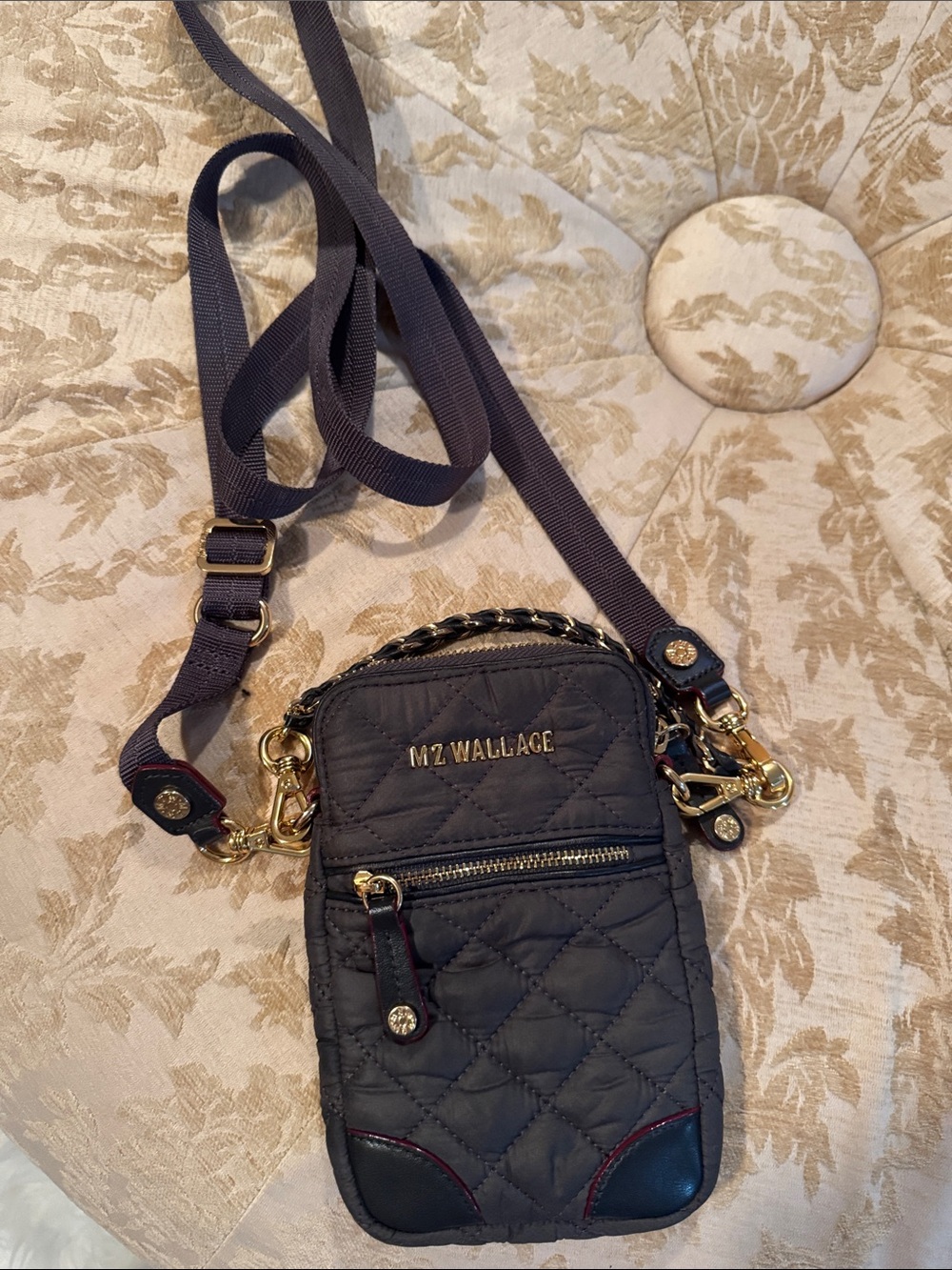 MZ Wallace Quilted Black Crossbody Phone Pouch with Gold Hardware